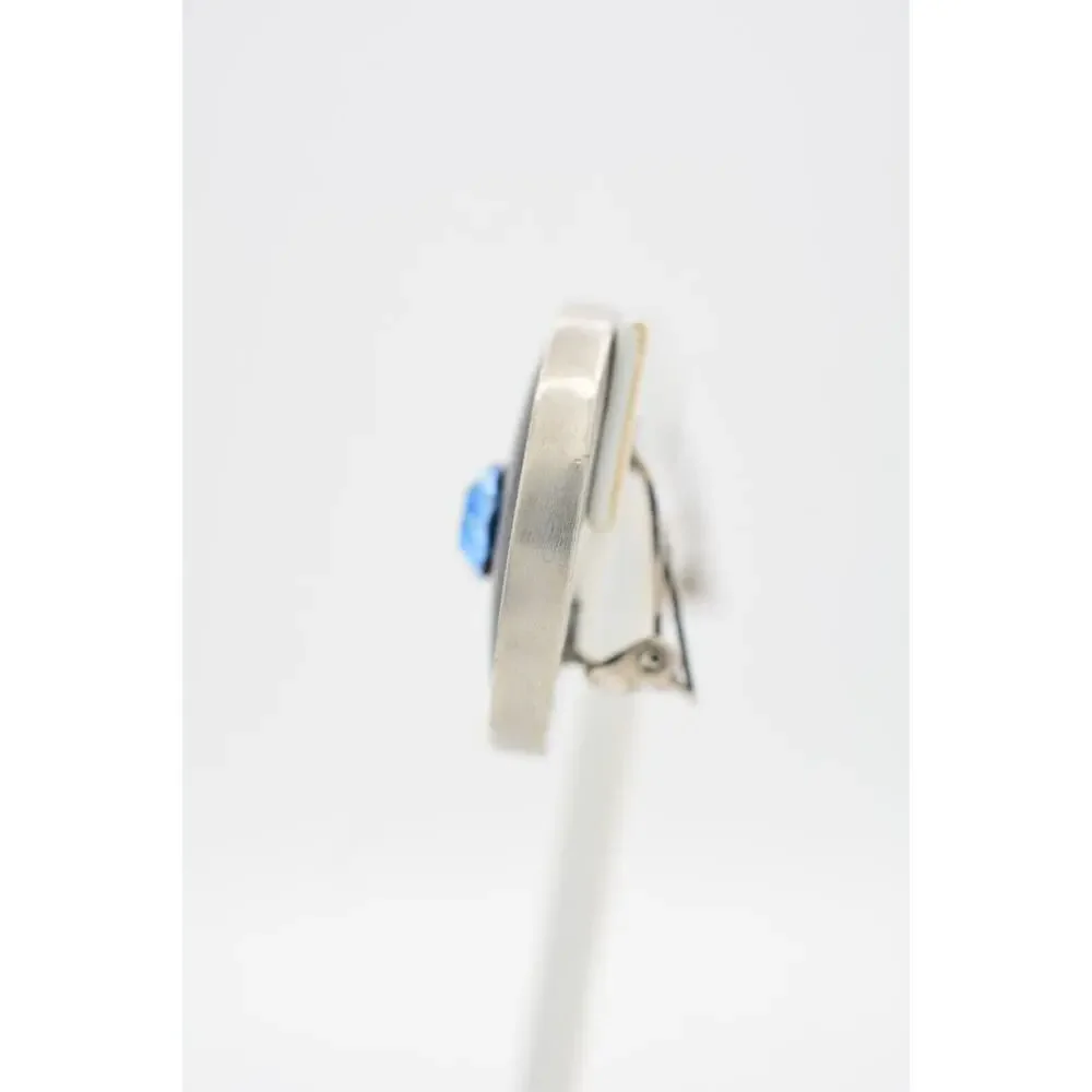 Robin Kahn Vintage Clip On Earrings Blue Crystal Silver Black Chunky Signed 9L